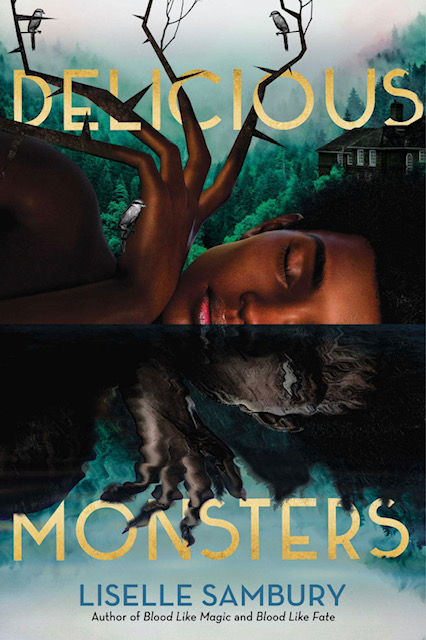 An image of the Delicious Monsters cover. The profile of a black girl from the shoulders up is lying asleep on her side, hands crossed under her chin and fingers in a claw shape. Her face is bisected by lake. On the surface side, her fingers turn into thorny branches where birds sit. Under the lake, the girl's face is blurred by the water with her eye open. In the background lies forested mountains and a grand mansion in the distance.