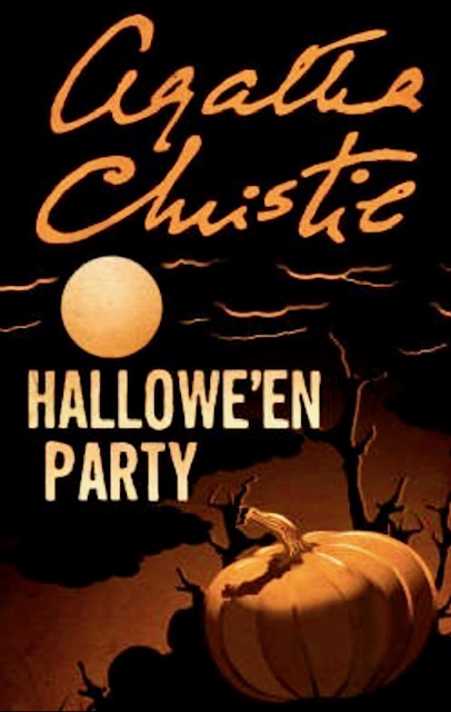 An image of the Hallowe'en Party cover. The author title takes up the top half of the cover. Underneath is a small full moon that illuminats a pumpking and some gnarled trees bare of leaves.