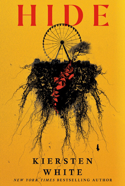 An image of the Hide cover. Under the title stands a giant black ferris wheel atop a giant clump of black land with roots hanging underneath. In front of the ferris wheel is a black tree with a vine of red leaves growing down in front of the clump of land.