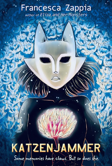 An image of the Katzenjammer cover. Kat takes up most of the cover with her cat mask, holding a fluffy dandelion and surrounded by blue flowers in the background. Under the title at the bottom of the cover lay the tagline: Some memories have claws. But so does she.