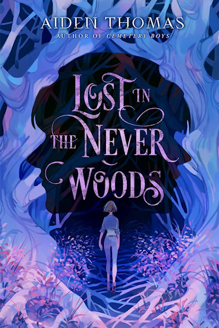 An image of the Lost in the Neverwoods cover. Wendy has her back towards us walking into the gaping darkness of a fantastical forest. Giant colorful tree trunks and roots frame the title and figure of Wendy.