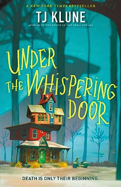 An image of the Under the Whispering Door cover. Under the title is a tall misshapen tea shop. In the background lay the shadows of tall trees and giant stag towering over the shop.
